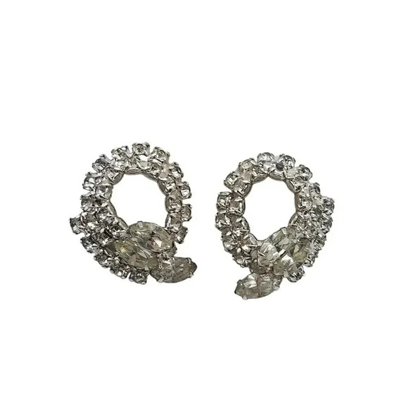 Clear Rhinestone Crystal Twist Clip on Earrings Silver Tone Vintage Deco Style - Picture 1 of 5